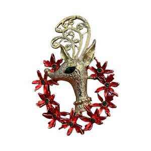 Vintage Signed Tancer II Reindeer Poinsettia Wreath Christmas Brooch Pin Festive